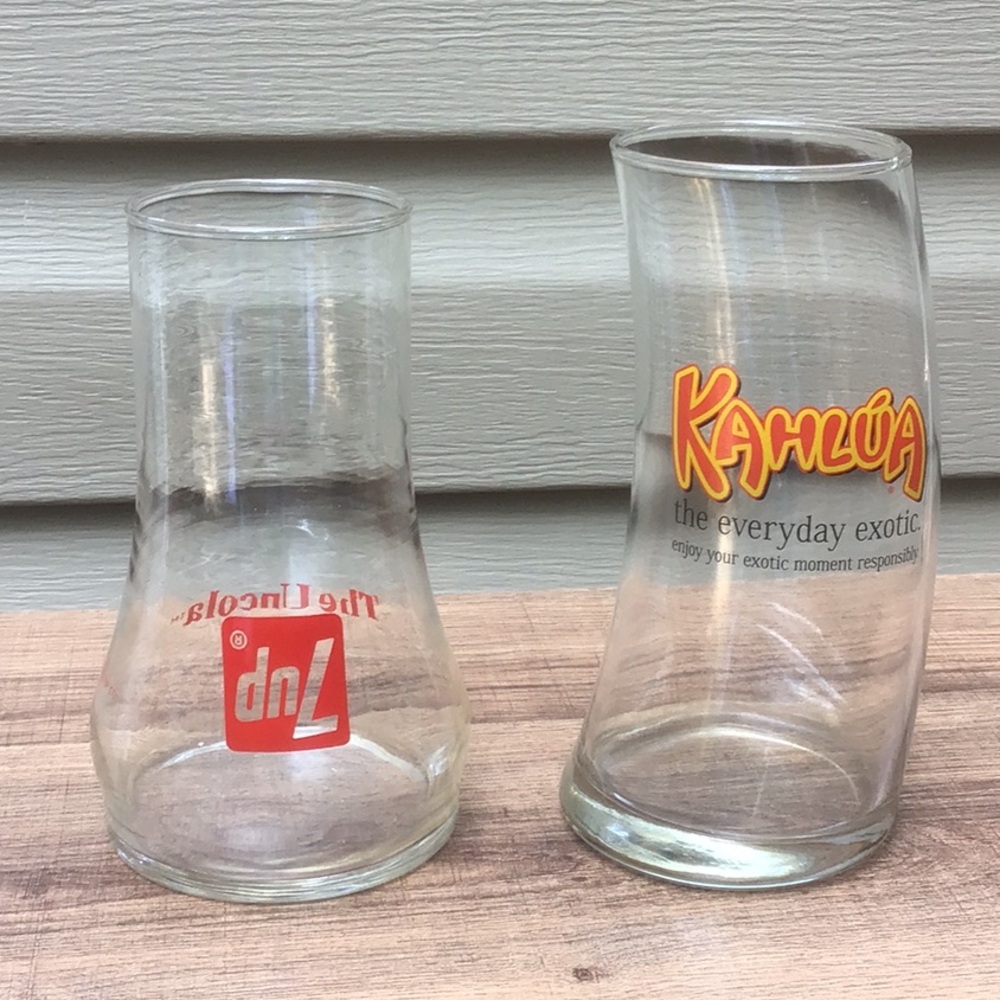 Two Vintage Glasses, Kahlua and 7 UP “The Uncola”